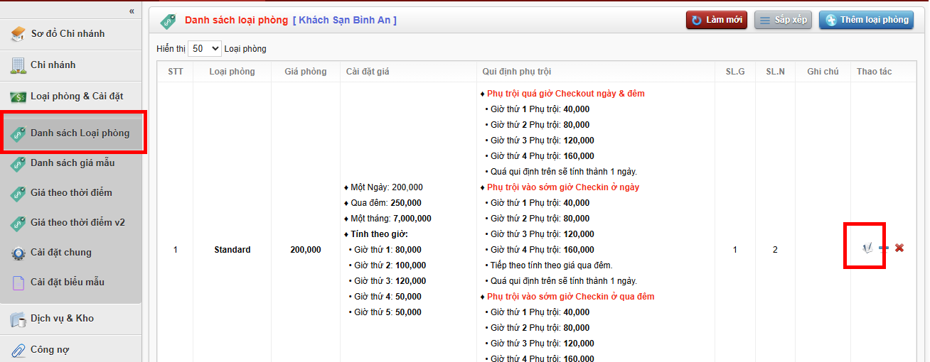 Cài đặt Giá phòng (Loại phòng)
