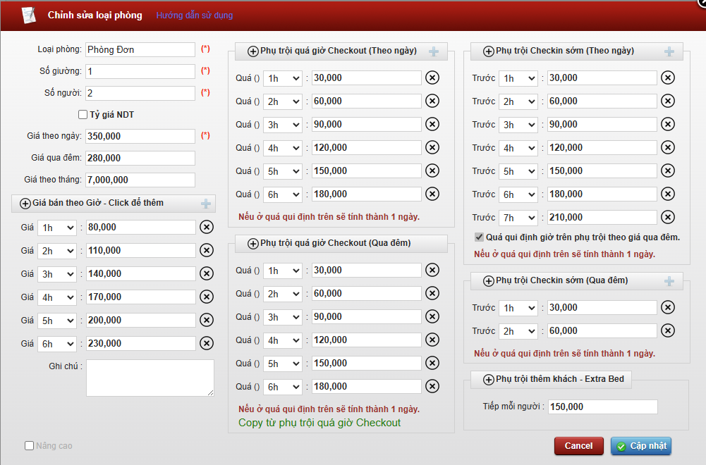 Cài đặt Giá phòng (Loại phòng)