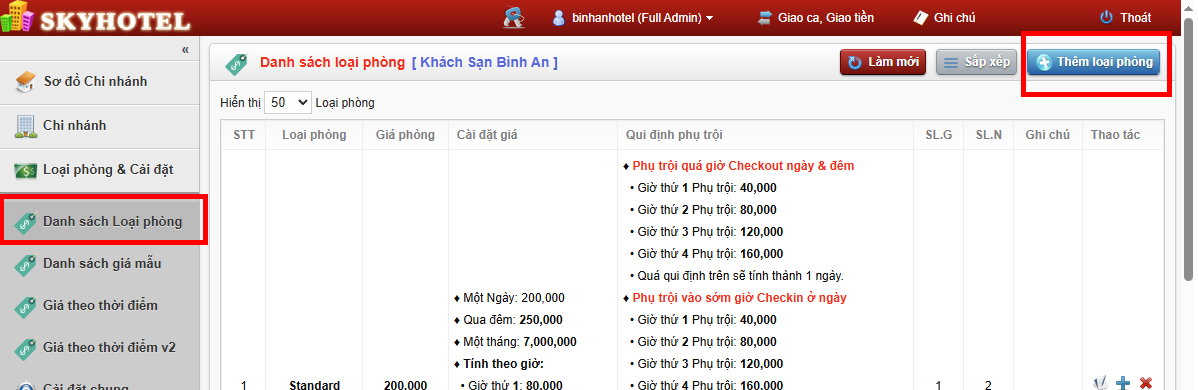 Cài đặt Giá phòng (Loại phòng)