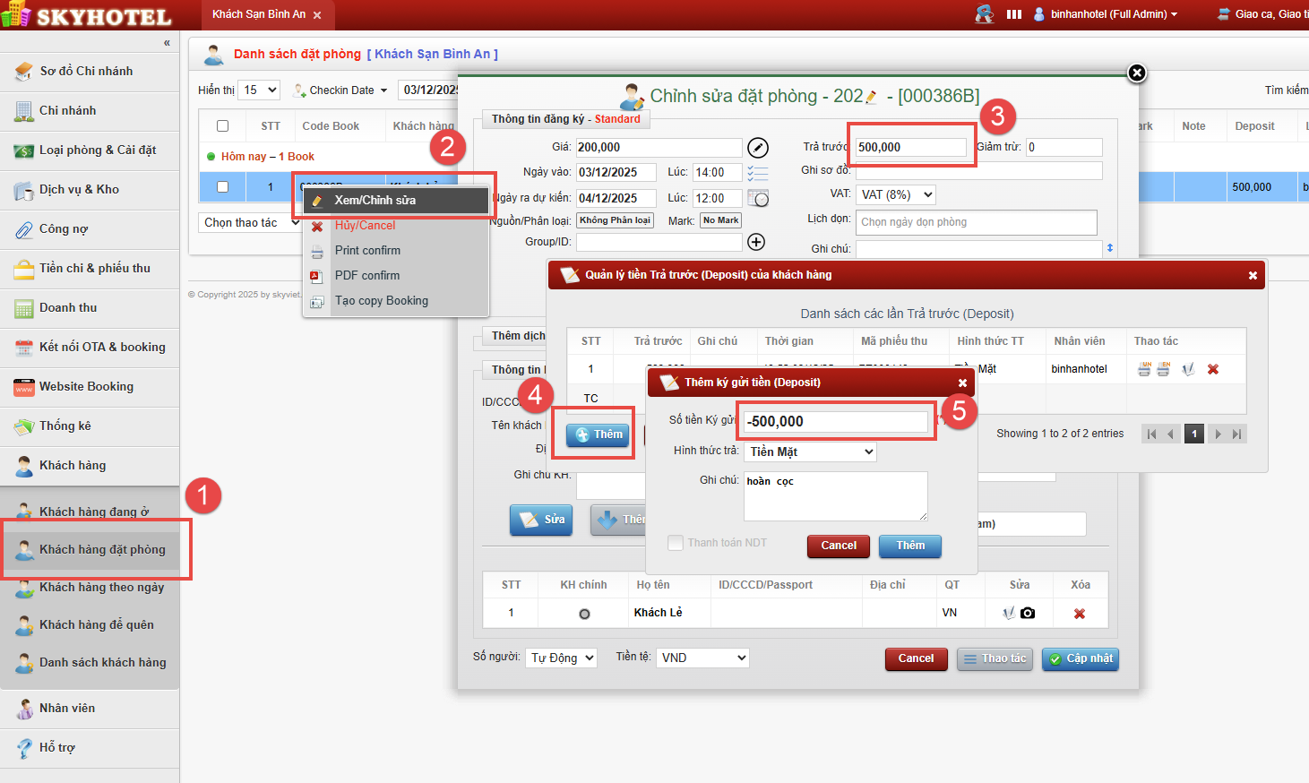 Hoàn tiền cọc khi hủy booking