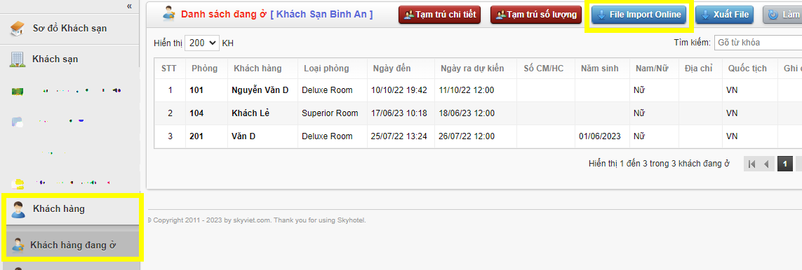 Import báo cáo lưu trú online