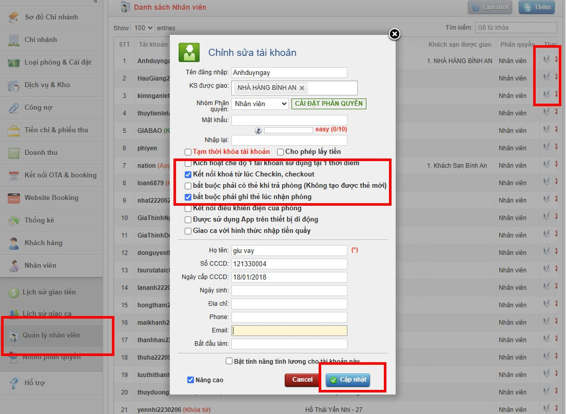 Kích hoạt tính năng khóa từ cho tài khoản nhân viên