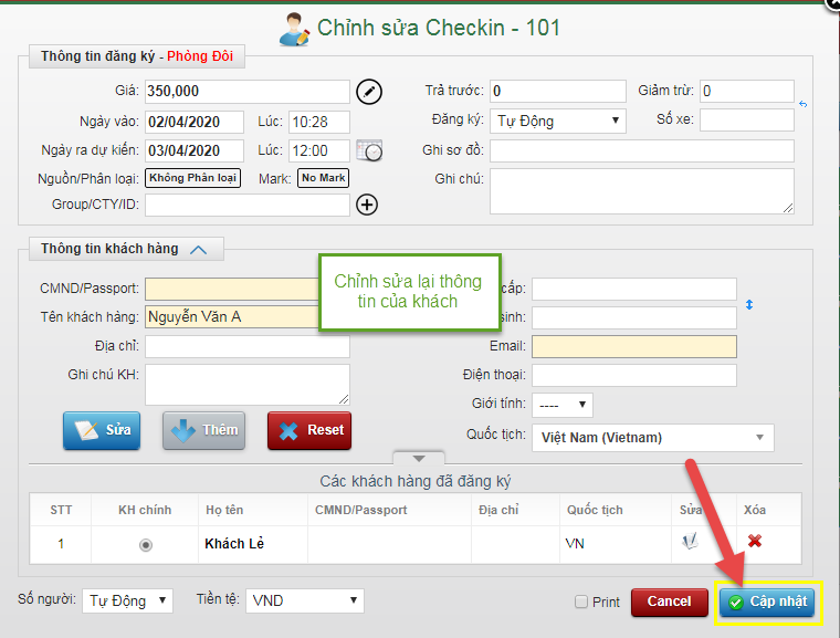 Nhận Phòng khách lẻ (vãng lai)