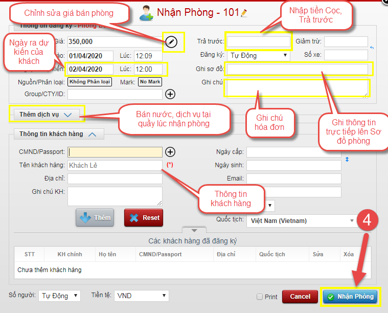 Nhận Phòng khách lẻ (vãng lai)