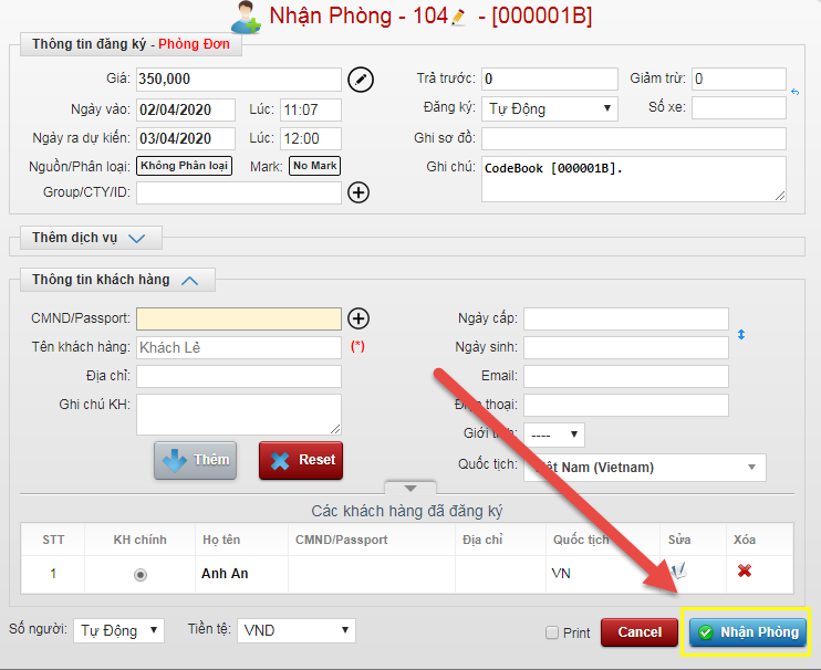 Nhận Phòng từ DS đặt phòng