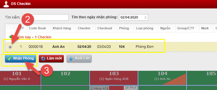 Nhận Phòng từ DS đặt phòng