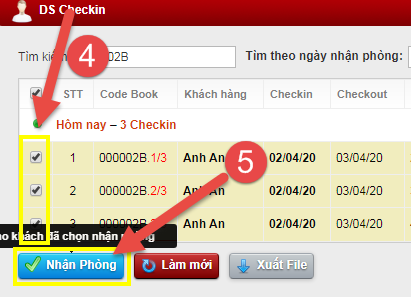 Nhận Phòng từ DS đặt phòng