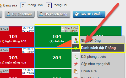 Nhận Phòng từ DS đặt phòng