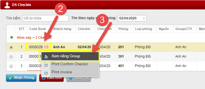 Nhận Phòng từ DS đặt phòng