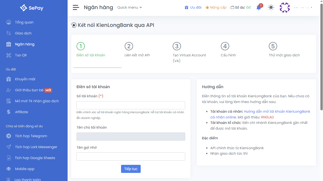 Tạo cổng thanh toán Sepay