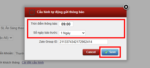 Thông báo Zalo báo cáo khách tháng