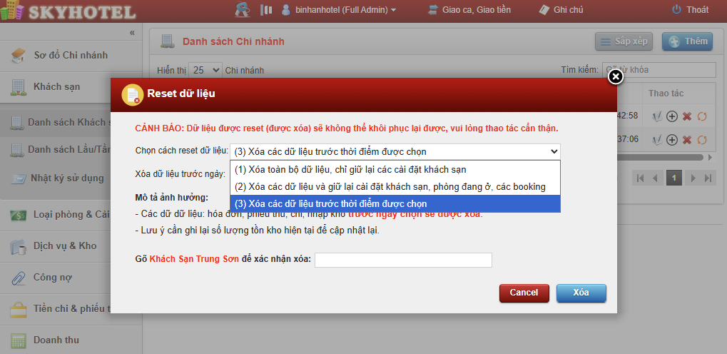Xóa (Reset) dữ liệu
