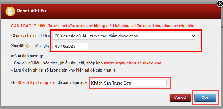Xóa (Reset) dữ liệu
