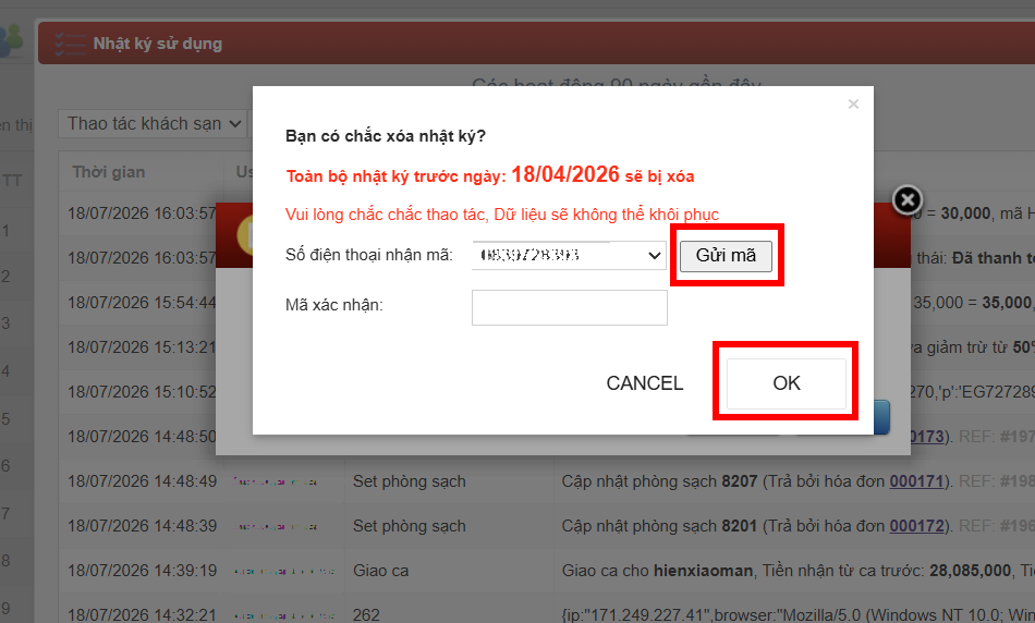 Xóa (Reset) nhật ký sử dụng